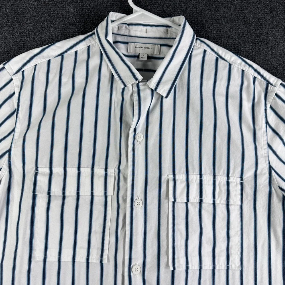 Banana Republic Mens Large Short Sleeve Button Down Striped Utility Shirt White